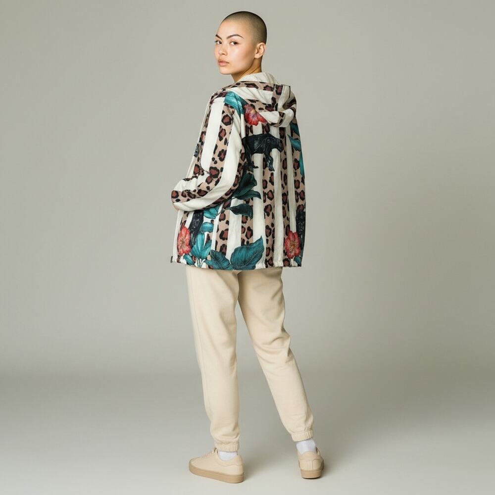 NWT Mavrans Zip Up Jacket Large Leopard Floral Hooded Recycled Sustainable Coat